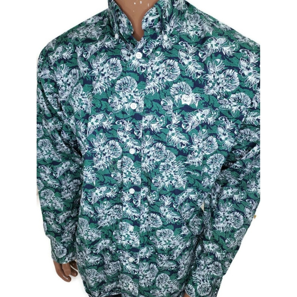 Cinch Mens XS Long Sleeve Button Down Shirt Green Navy Tropical Floral Cotton
